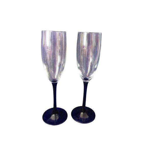 Cristal D'Arques Neptune Champagne Glass A Pair Cobalt Blue Stem Retired EUC - Picture 1 of 12